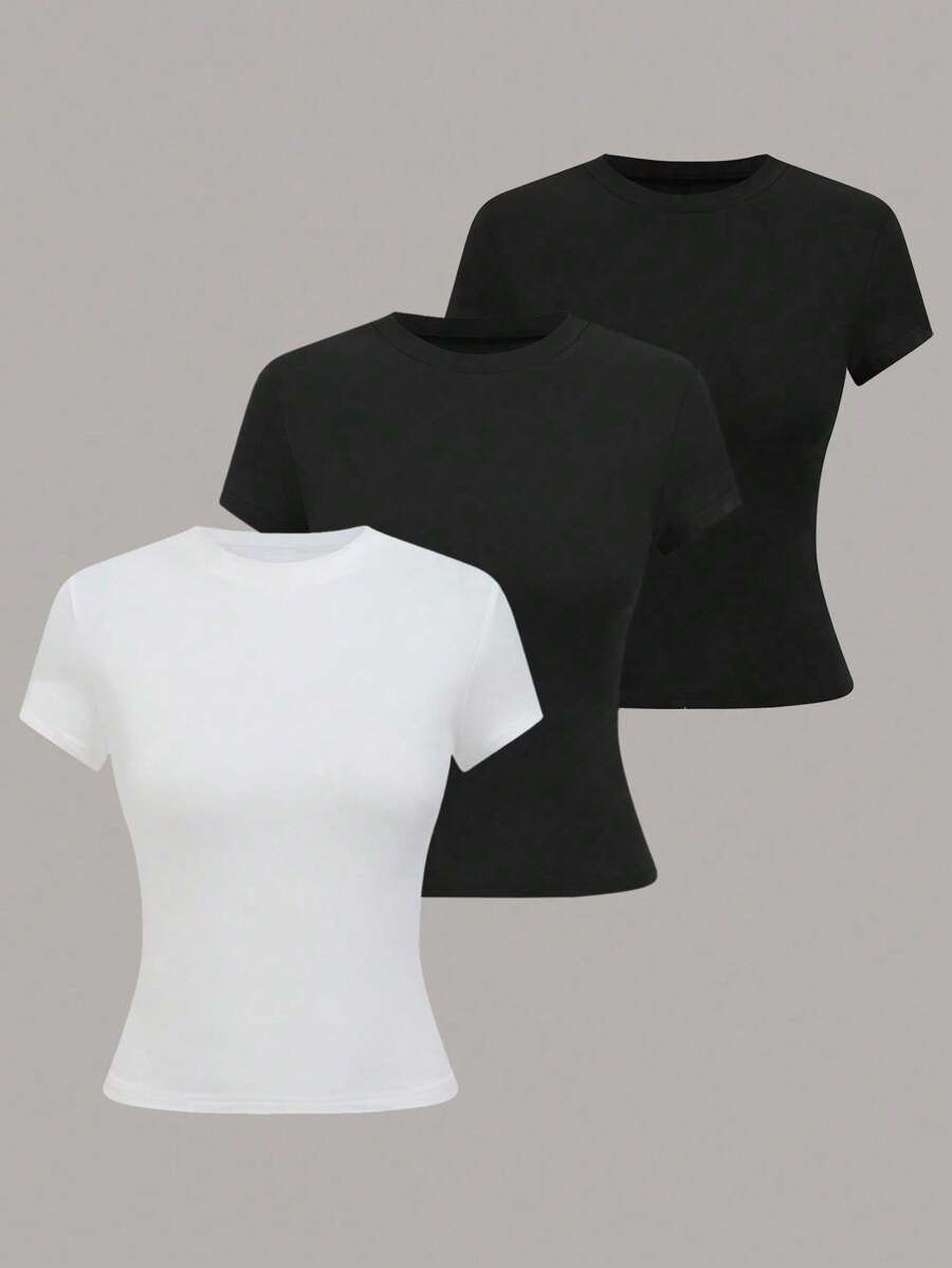 GlowEve 1 Áo thun nữ cổ tròn tay ngắn ôm vừa vặn màu trơn, thích hợp cho mùa hè - Nhiều màu - Xem 1