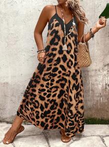 SHEIN Holidaya Plus Size Women Leopard Print Loose Plus Size Dress, Summer - Brown - View 1
