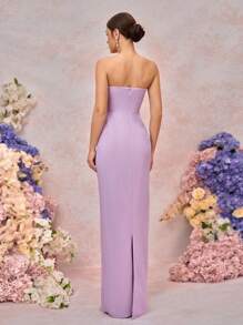 SHEIN Belle 优雅紫色简约设计吊带开叉领合身及地长开叉露背伴娘礼服 - 淡紫色 - 查看 3