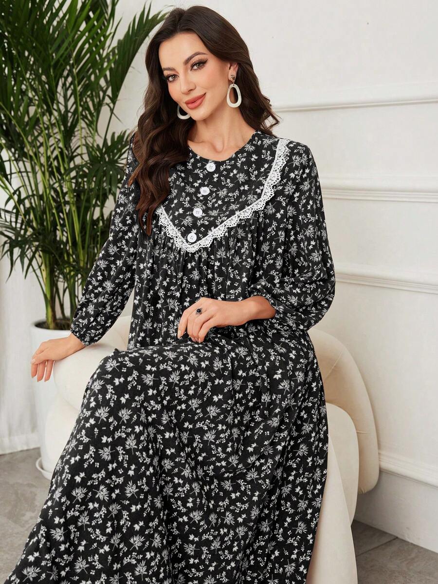 Lacomfia 女士优雅碎花宽松波西米亚风连衣裙 - 黑色 - 查看 1