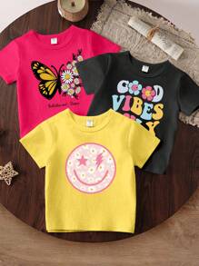 SHEIN GraphicGems Young Girls' Cute Cartoon Letter And Pattern Short Sleeve T-Shirt