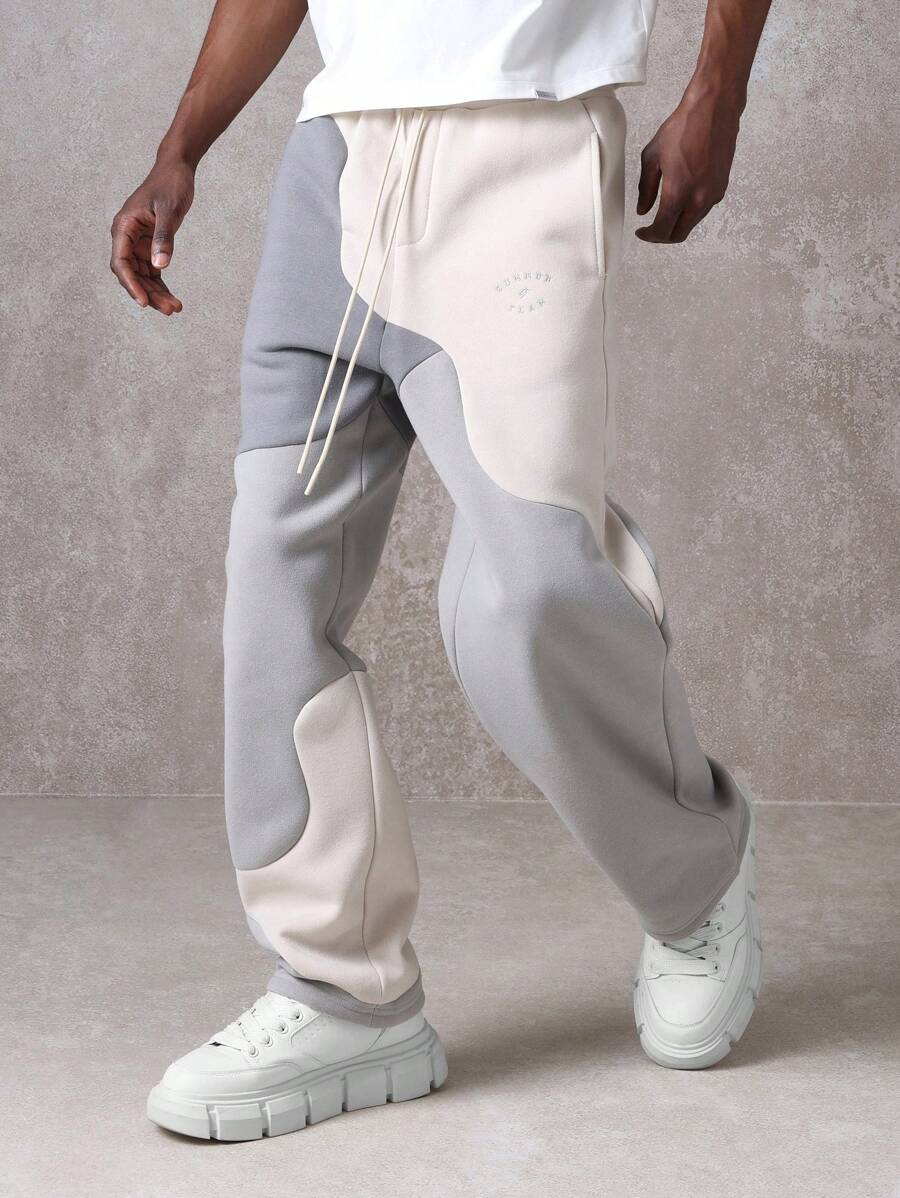 SUMWON 优质运动休闲慢跑运动裤，采用色块设计，舒适冬季家居服，运动训练裤，带抽绳松紧腰带，都市街头服饰 - 灰色 - 查看 1