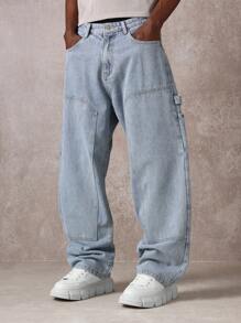 SUMWON Pantalones vaqueros de carpintero con bolsillos múltiples, ropa de trabajo de utilidad, pantalones vaqueros de pierna ancha y relajada, pantalones de trabajo de construcción de otoño e invierno, ropa de calle