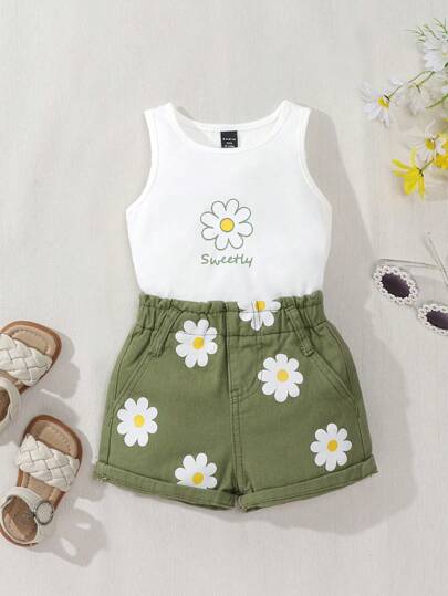 SHEIN Playful Pals 2pcs Baby Girls Outfit Set: White Floral Print Tank Top + Green Loose Elastic Waist Denim Shorts, Cute & Comfortable