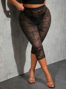 SHEIN SXY Plus Size Sheer Floral Print Capri Leggings: Black Knitted Fabric For A Chic Look - Black - View 1