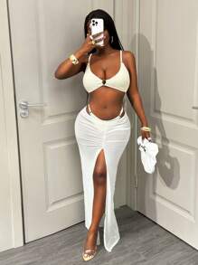 BamGleam Plain Textured Bikini Set With Matching Women's Maxi Dress For Summer Beach Vacation - Apricot - View 1