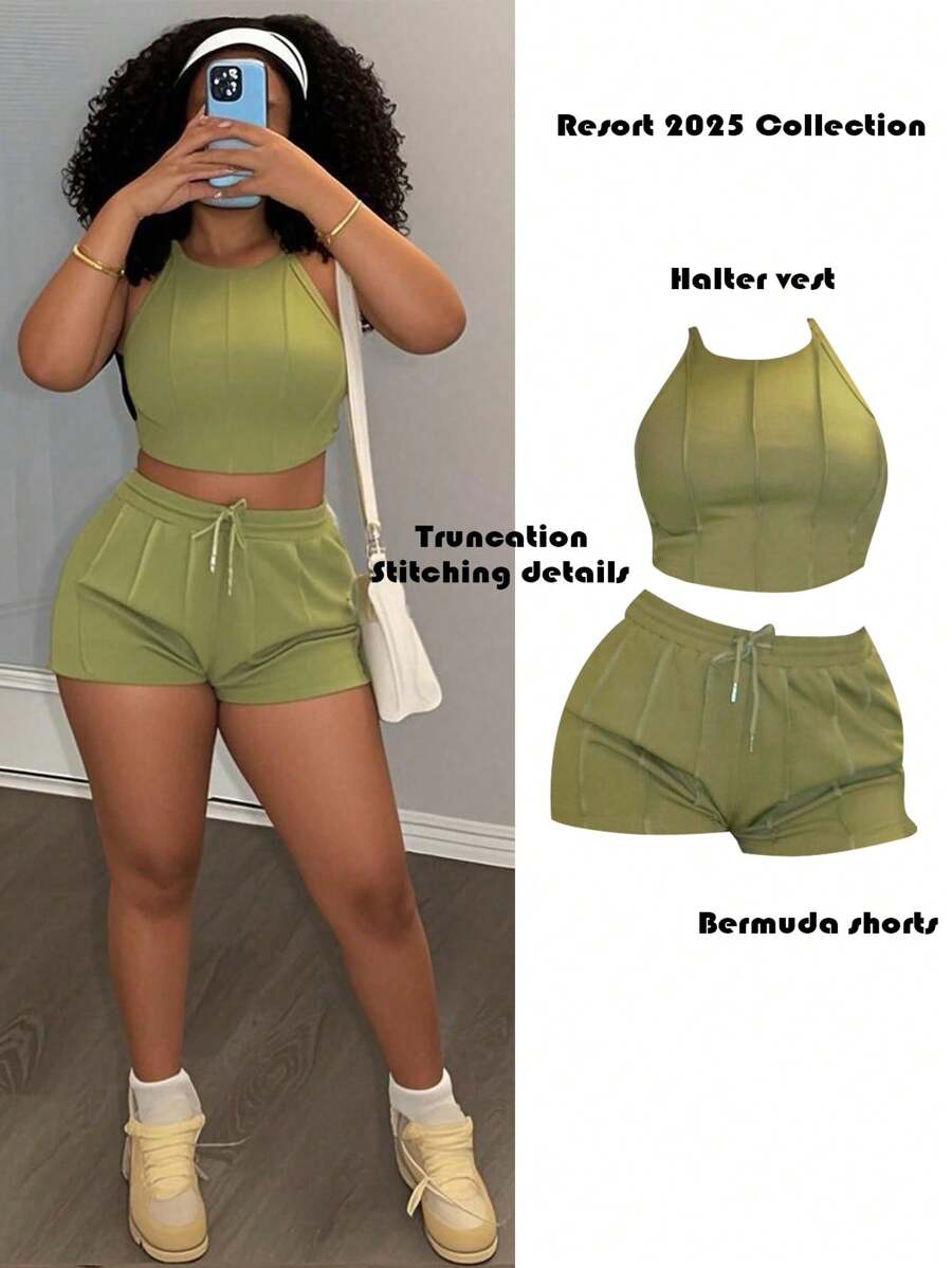 Slaydiva 2025 Spring And Summer New Casual Street Versatile Sports Basic Green Pleated Halter Neck Vest And Wide-Leg Shorts Women's Mini Two-Piece Suit, Suitable For Music Festivals, Easter, Western Nomadic Style, Country Style, Wedding Guests, Daily Travel, Graduation Season, Party Gatherings, Clubs - B,Summer Sets