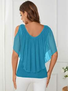 SHEIN Clasi Women's Casual Solid Color Open Shoulder 2 In 1 T-Shirt, Summer - Teal Blue - View 3
