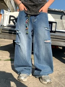 SHEIN Tween Boy Fashion Casual Y2k Patch Details And Cut Out Ripped Frayed Design Blue Denim Loose Comfortable Wide-Leg Jeans For Kids Clothes Boys Soft Dailywear And Kids Summer And Spring Clothes