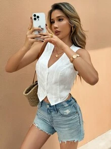 SHEIN Frenchy 女士无袖刺绣前扣休闲度假衬衫