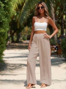 Swim Vcay 女士度假休闲宽松罩衫和阔腿裤 - 卡其色 - 查看 3