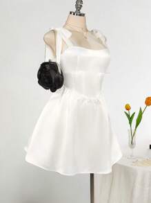 SHEIN ICON Plus Size Square Neck Bowknot Strap Rhinestone Decor Waist A-Line Dress, White Wedding Guest Dress,Corset Dress - White - View 12