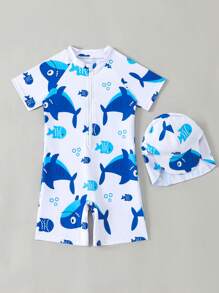 Fish Printed One-Piece Boy's Swimwear - Multicolor - View 5