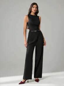 SHEIN Tall Bộ đồ liền thân ống rộng xếp ly màu đen cho nữ kèm thắt lưng, phong cách thường ngày, phong cách quý tộc, phong cách công sở - màu đen - Xem 4
