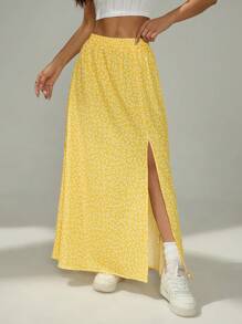 SHEIN PETITE Ditsy Floral Print Split Thigh Summer Women Skirt,Butter Yellow