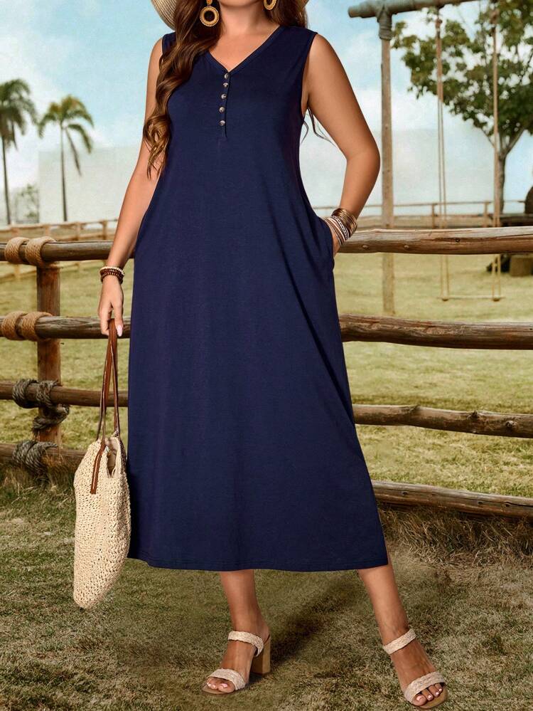 Plus Size Women V-Neck Sleeveless Casual Dress With Button Design And Pockets, Boho Women's Clothing, Summer Outfits For Women, Country Clothes Women, Simple And Fashionable For Everyday Wear, Vacation Outfits Woman Summer Outfits For Women Office Wear, Vacation Outfits Woman, Summer Outfits For Women Festival Boho, Holiday Outfit