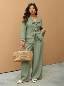 Elaquor Bộ 2 món thêu vá màu trơn đơn giản giản dị cỡ lớn ngày lễ, áo sơ mi nữ + quần nữ, thích hợp cho kỳ nghỉ lãng mạn, mặc nhà thường ngày, trang phục hàng ngày, hàng mới về mùa xuân - màu xanh lá - Xem 9