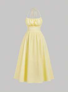 SHEIN MOD Vestido largo con volantes y lazo en la espalda descubierta, talla grande, color amarillo - Amarillo - Ver 2