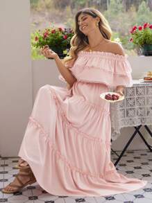 KURAYIA 大码女式纯色度假荷叶边蕾丝边荷叶边收腰 A 字长裙，春夏 - 淺粉色 - 查看 3