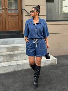 SHEIN EZwear Plus Size Denim Shorts, Fashionable For Summer - Medium Wash - View 3