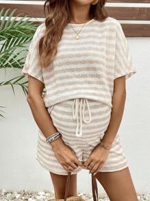 SHEIN 2pcs Maternity Striped Round Neck Short Sleeve Top And Adjustable Waist Shorts Set, Casual