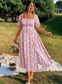 Flirla 大码复古碎花方领泡泡袖开衩下摆连衣裙