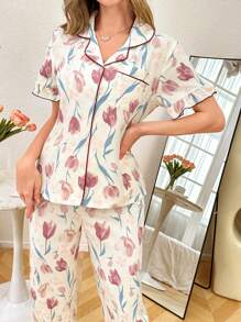 CottageSlumber Romantic Floral Print Chiffon Ruffle Collar Single Breasted Short Sleeve Top & Pants Pajama Set For Women, Spring/Summer - Multicolor - View 6