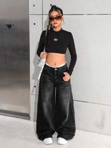 SHEIN Jeans sueltos de pierna ancha, cintura baja, bolsillos sesgados, estilo casual vintage Y2K en color gris lavado, para chicas adolescentes y ropa de calle