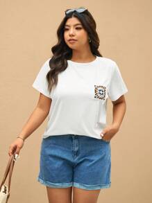 Elaquor Damen Große Größen Blume Muster Rundhals Kurzarm Lässig T-Shirt - Weiss - Übersicht 1
