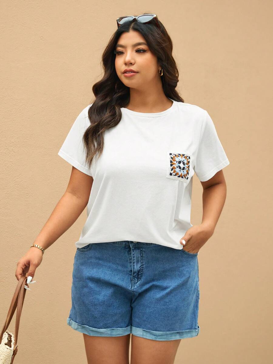 Elaquor Damen Große Größen Blume Muster Rundhals Kurzarm Lässig T-Shirt - Weiss - Übersicht 1