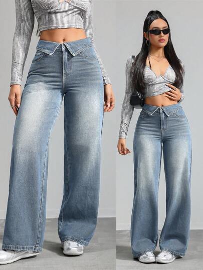 SHEIN Tall 女士牛仔裤 休闲直筒长裤 蓝色 女士宽松牛仔裤 女式高腰裤子 低腰宽松牛仔裤