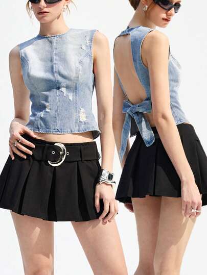 LYSMO 别致露背牛仔上衣，腰部系带设计 - 轻松打造夏日和夜晚外出、牛仔风格、西部风女装的简约风格