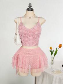 SHEIN ICON Váy xòe cao cấp ren & lưới hai lớp xếp ly buộc eo cho nữ cỡ lớn - Hồng - Xem 2