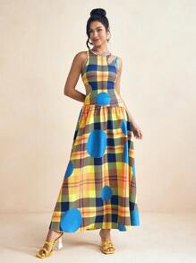 SHAQUITA GARCIA Gelbes und blaues Preppy Karomuster Kleid mit ausgeschnittener Schulter, gerafft, A-Linie Silhouette für den Sommerurlaub