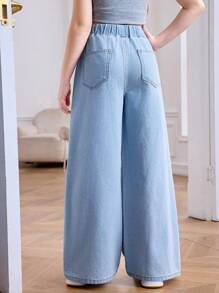 SHEIN Tween Girl Summer Light Washed Drawstring Waist Wide Leg Casual Wide Leg Jeans For Daily Wear, Summer Stretchy Waist Comfortable Wide Leg Pants, Summer Beach Boho Vacation Casual, Rave Concert Festival - Light Wash - View 2