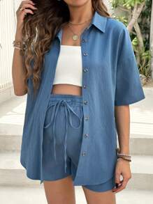 SHEIN 2pcs Women Fashion Casual Wrinkle Collar Short Sleeve Shirt And Drawstring Waist Shorts Set