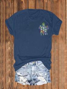SHEIN CURVE+ Camiseta casual de manga corta y cuello redondo con estampado de tortuga para mujer de talla grande - Azul Marino - Ver 3