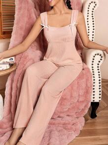 Women's Solid Color Jacquard Wide Strap Butterfly Decor Camisole And Pants Pajama Set