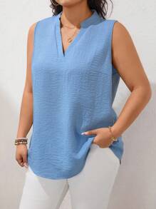 SHEIN LUNE EMERY ROSE Vacation Casual Solid Color Lapel Sleeveless Shirt - Mint Blue - View 3