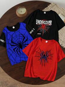 GraphicGems 3pcs Young Boys' Summer Spider & Letter Graphic Print Round Neck Casual T-Shirt Set