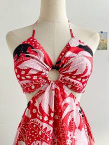 SHEIN WYWH Đầm mini không tay viền bèo nhún thắt nơ hở eo họa tiết da báo và cây cọ dành cho nữ, đi nghỉ, trà chiều, bãi biển, bên bờ biển - Nhiều màu - Xem 5