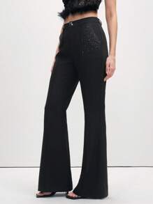 SHEIN LUNE Women Professional Black Business Trousers With Flared Rhinestone Decor