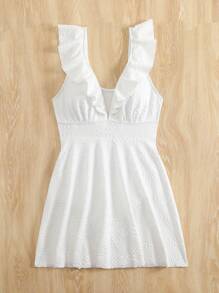 Swim Lushoire 2025 New Women Solid Color Jacquard Fabric Ruffle V-Neck Slim Fit Beach Swimdress - White - View 4