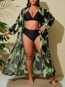 SHEIN VCAY 大码女式随机印花长袖宽松开衫 - 綠色 - 查看 6