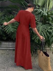 SHEIN Frenchy 女士纯色长裙，简约时尚短袖，适合夏季 - 酒紅色 - 查看 2