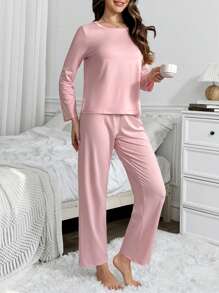 Women Geometric Print Long Sleeve Pajama Set, Top And Pants - Baby Pink - View 4