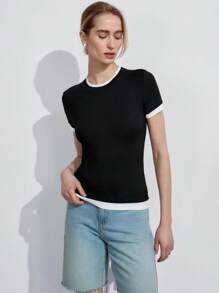 Lumivelle Women's Contrast Color Trim V-Neck Short Sleeve T-Shirt, Casual Summer Tee
