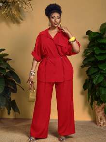 Slaydiva 大码女式优雅办公和度假胸袋抽绳腰衬衫和裤子两件套 - 紅色 - 查看 6