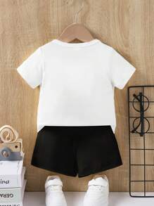 Baby Boy Fashion Minimalist Spider Print Short Sleeve T-Shirt And Shorts Set For Outdoor Summer - Black and White - View 2