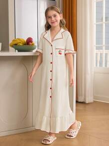 SHEIN Vestido de pijama informal de unicolor con bolsillo y estampado de cerezas con cuello de solapa y botones para niña preadolescente, adecuado para interiores y exteriores, moda de vuelta al colegio en primavera/verano - Albaricoque - Ver 5